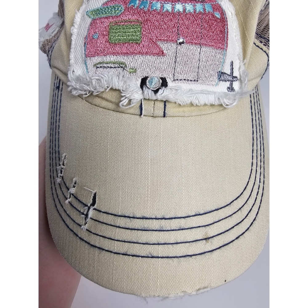 Backroads Bound Camper Trailer Distressed Trucker Hat Tan Navy Mesh Back Cap - Picture 3 of 9